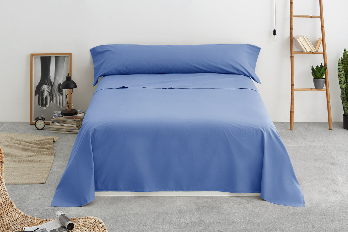 Juego de sábanas franela 100% algodón, 2 fundas de almohada 50x80, sábana  encimera 240x280 cm y sábana bajera 180x200+23 cm, rayas azules