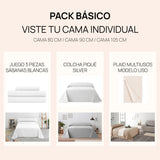 Pack Básico Viste tu Cama Individual - Sábanas blancas + Colcha Silver + Plaid Liso