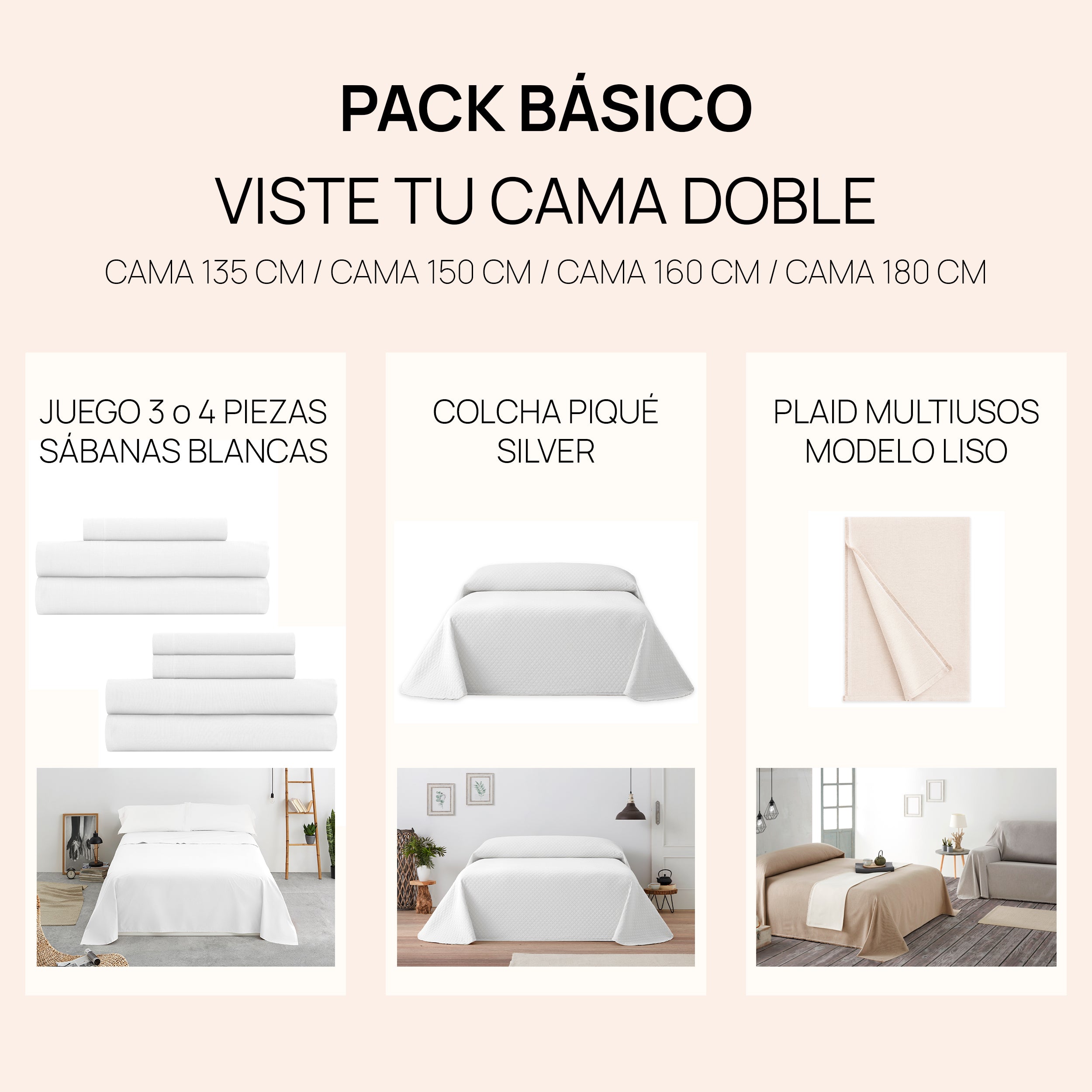 Pack Básico Viste tu Cama Doble - Sábanas blancas + Colcha Silver + Plaid Liso