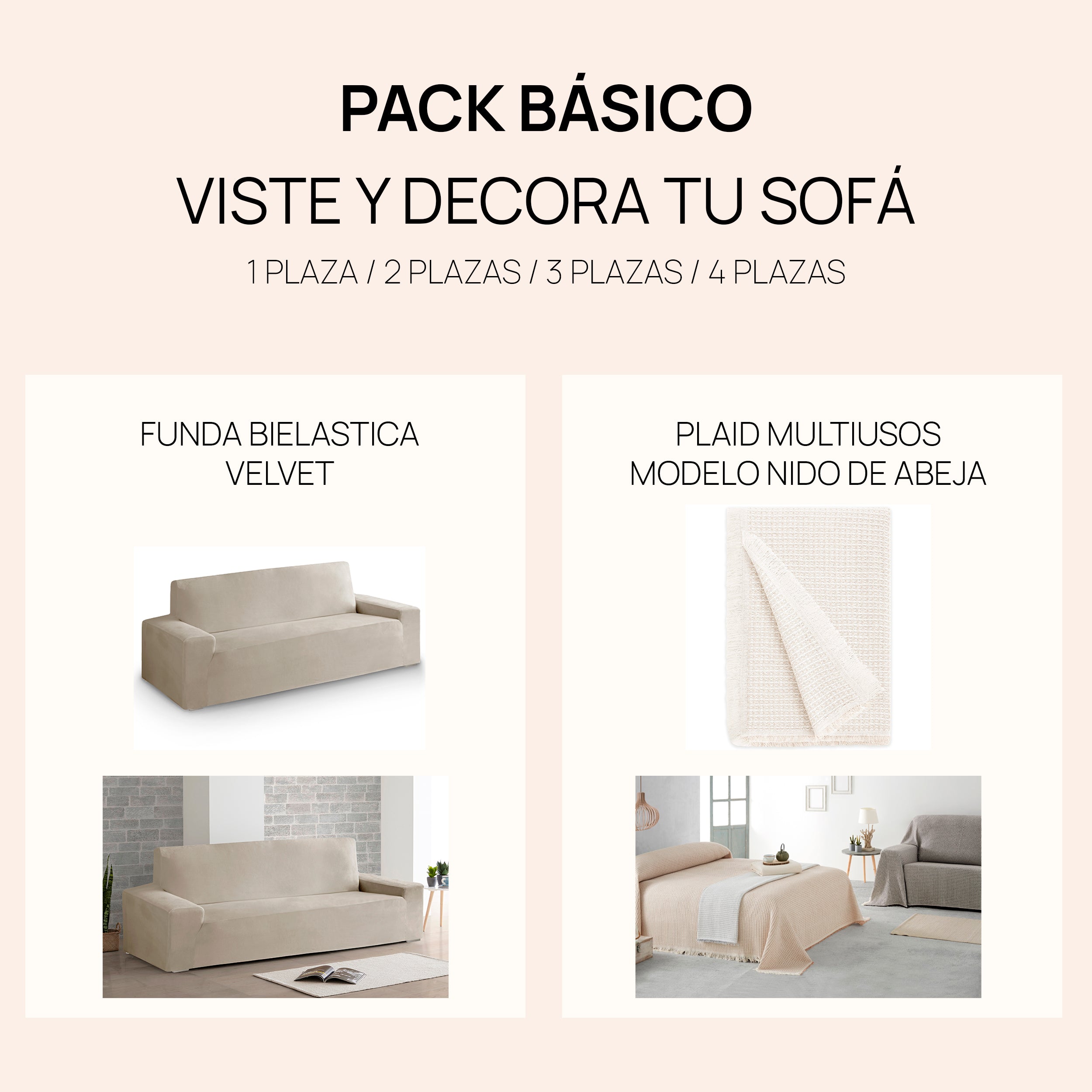 Pack básico viste y decora tu sofá - Funda Velvet + Plaid Mulitusos Nido Abeja