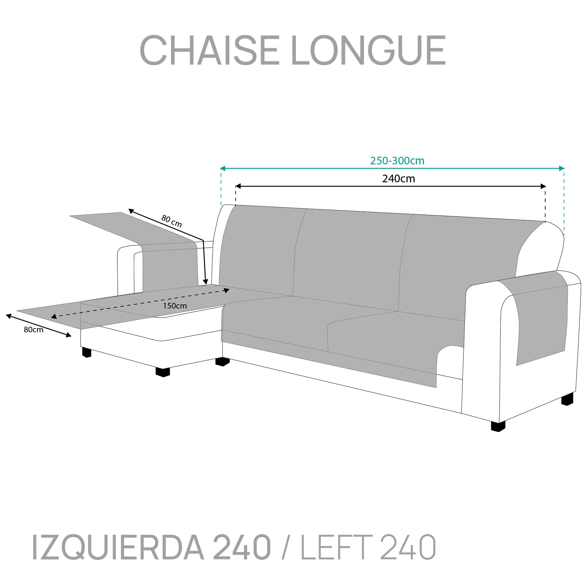 Protector Cubre Sofa Royale Chaise Longue 240 cm Izquierda Gris Claro (REACONDICIONADO A+)